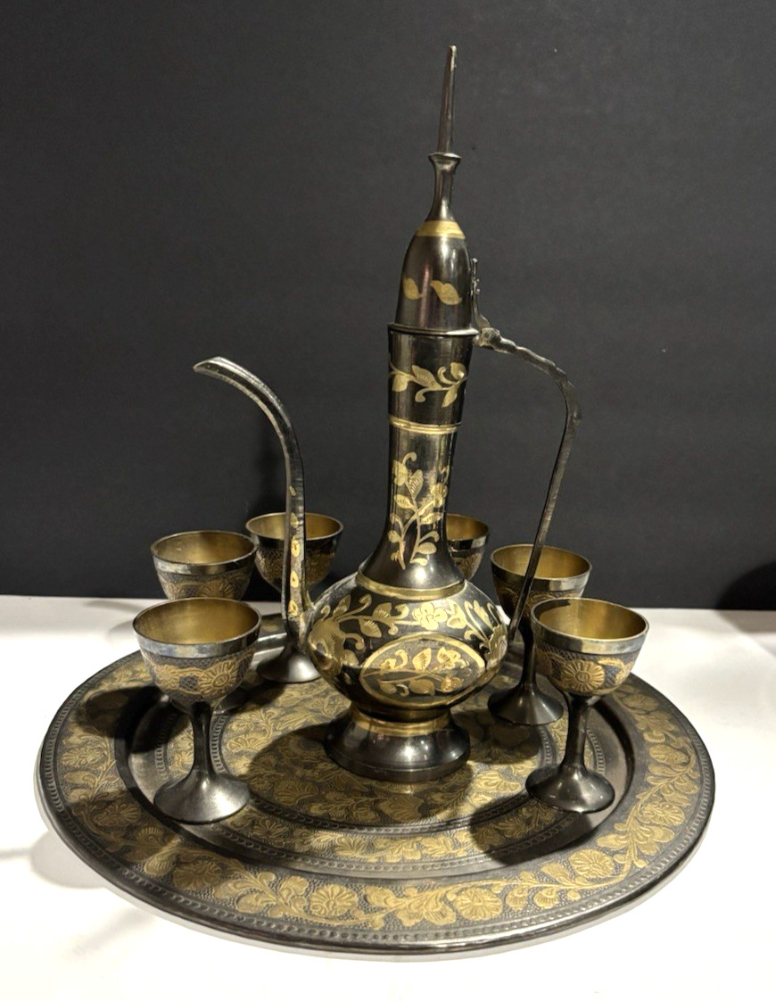 Vintage Brass Etched  Ewer -goblets- tray / black & brass color