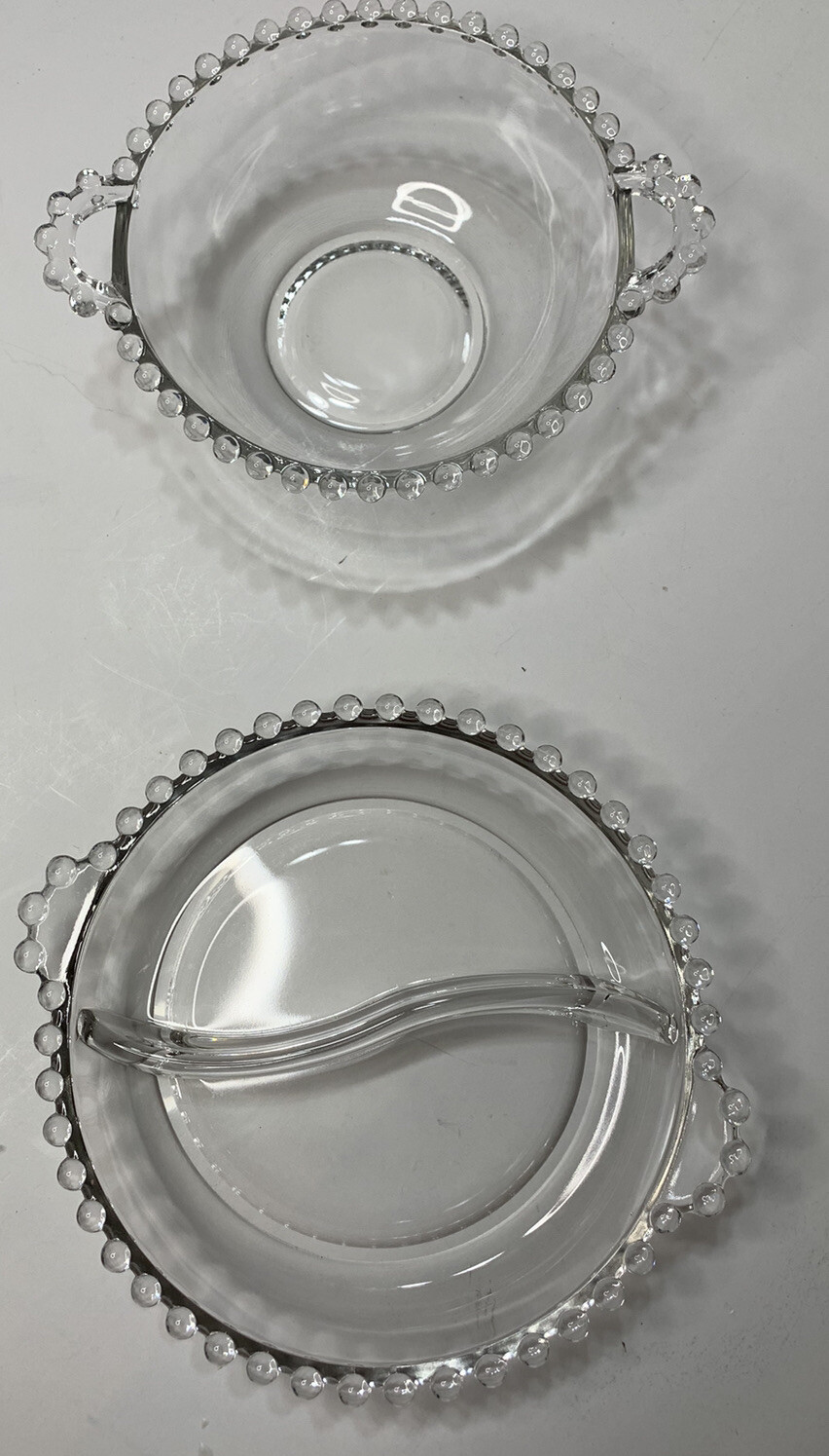 Vtg Imperial Candlewick Glass Handled Bowl & Divided Dish Bowl Relish Snack