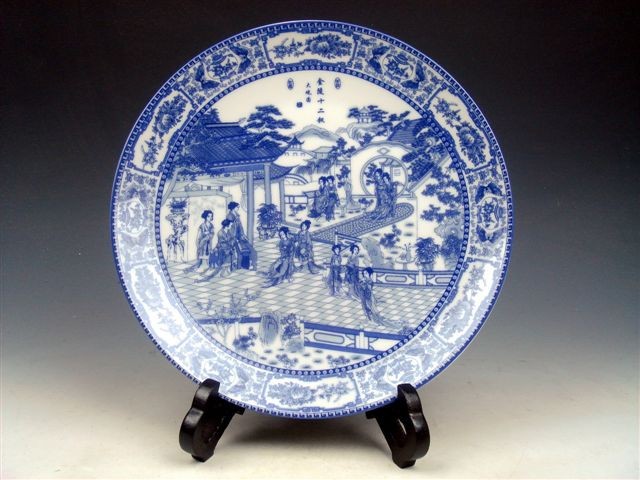 Blue&White Palace Ladies Hand Painted Porcelain Plate w/ Stand #122713