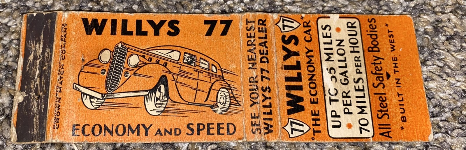 1930's Art Deco Willys 77 Automobile Advertising Matchcover 1930's Art Deco Willys 77 Automobile Advertising Matchcover