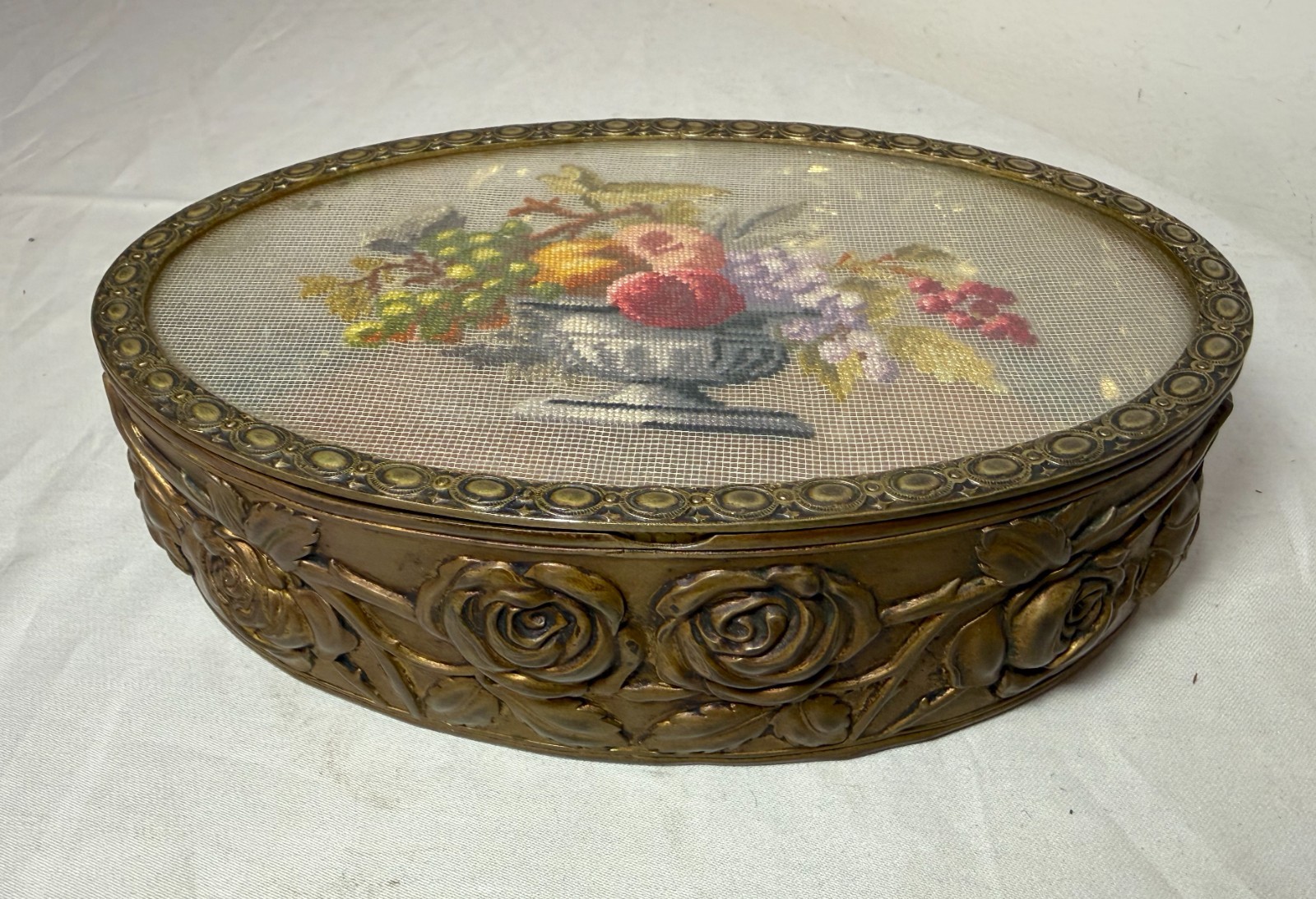 antique 1800\'s French handmade micro petit point bronze dresser jewelry box jar