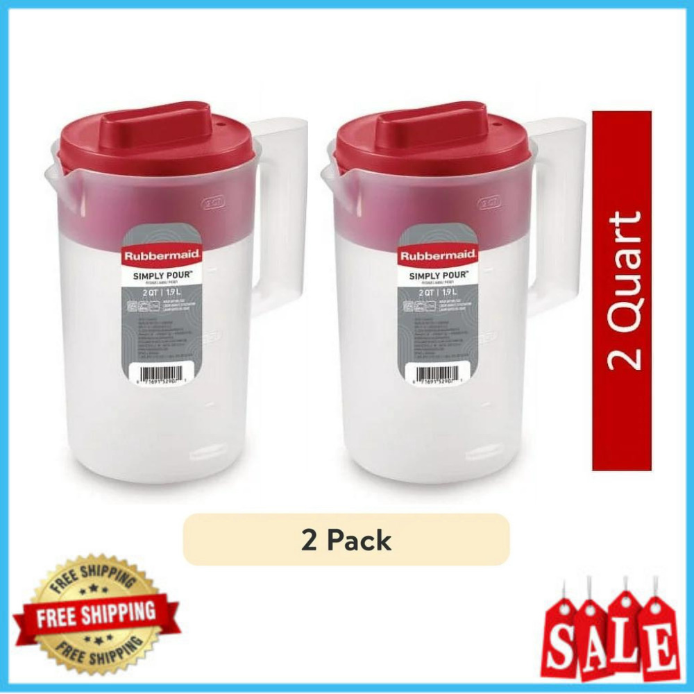 (2 PACK) Rubbermaid Simply Pour Plastic with Multifunctional Lid Red, 2 Quart