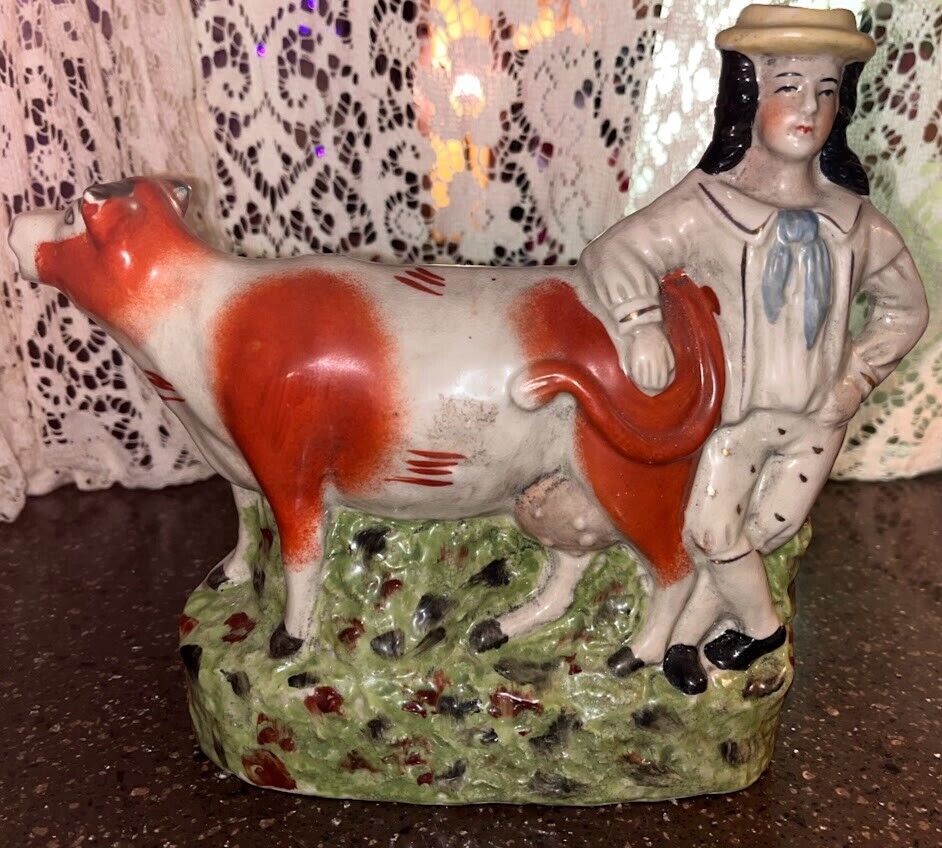Staffordshire Boy Cow creamer Figurine  decanter Victorian Antique porcelain