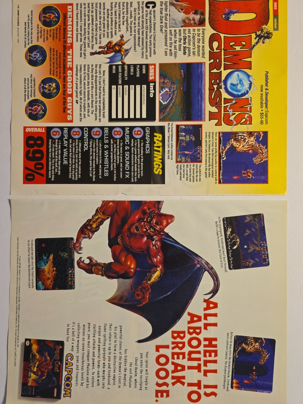 ​RARE DEMON'S CREST SNES 1994 MAGAZINE REVIEW & PROMO AD LOT