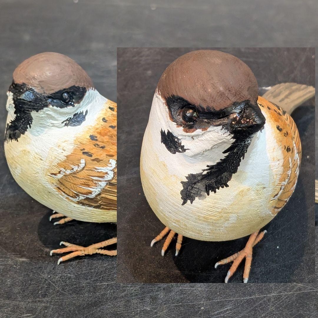 Japanese Sparrow Bird Hand Carved Wood Figurine Painted Wildlife Folk Art Japan