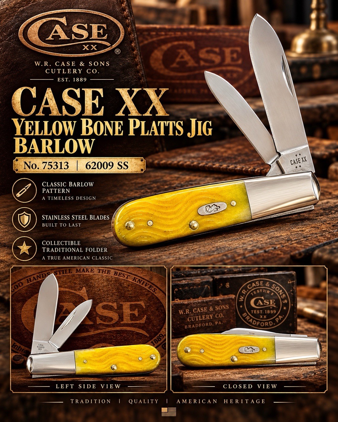 Case XX USA Platts Jig Yellow Bone 75313 Stainless Barlow Pocket Knife