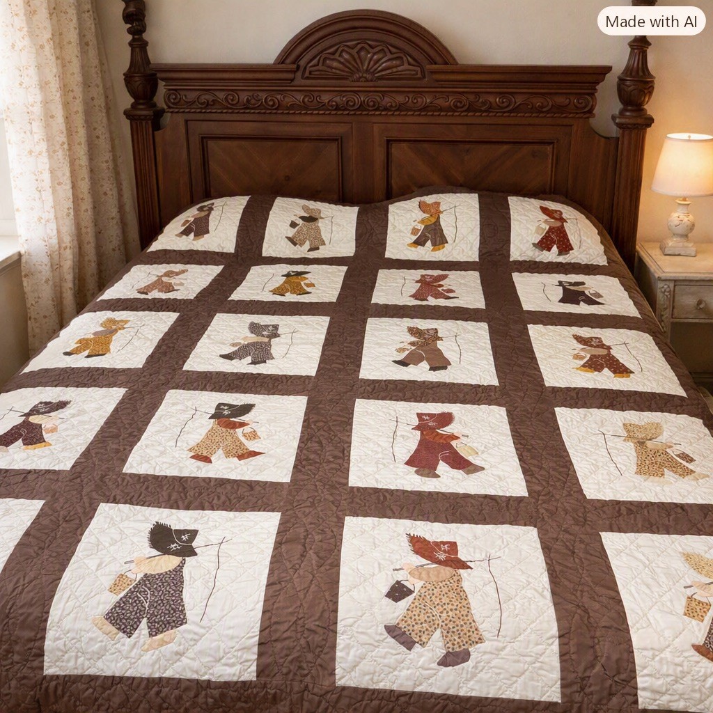Vintage Sunbonnet Sue Quilt Appliqued Embroidered & Quilted 80 x 74”. Hand made 