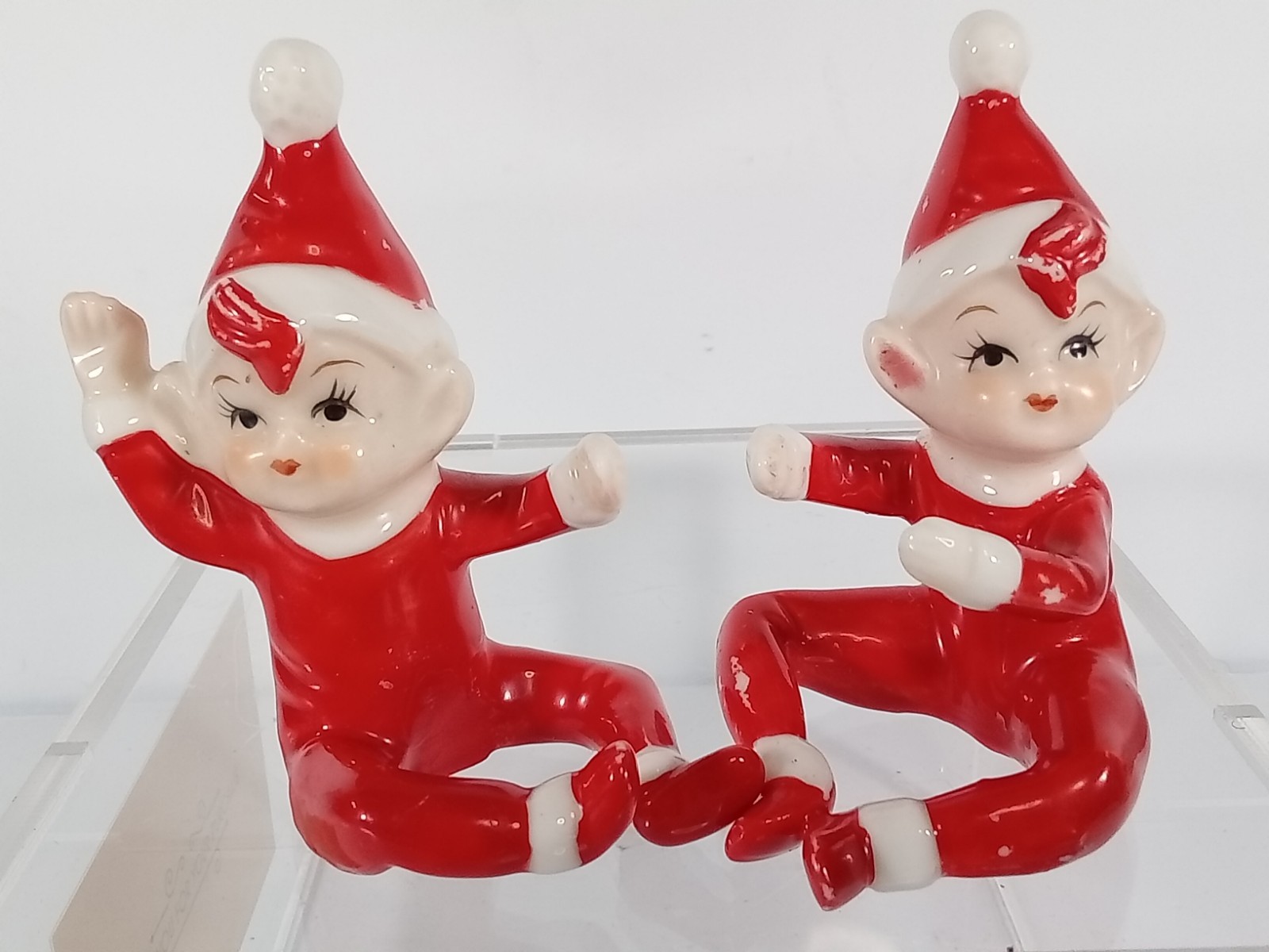 (2)VTG MID CENTURY CHRISTMAS PIXIE ELF CANDLE CLIMBERS HUGGERS CERAMIC FIGURINES