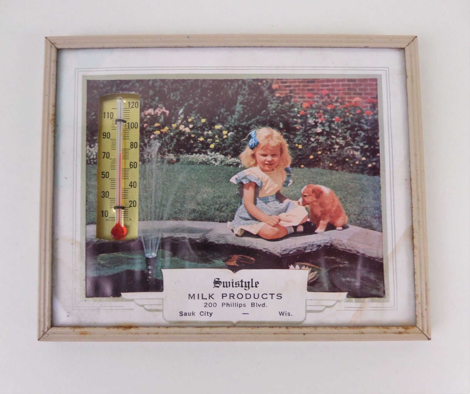 Vintage Advertising Framed Picture Thermometer Girl & Puppy Sauk City Wis 1940s