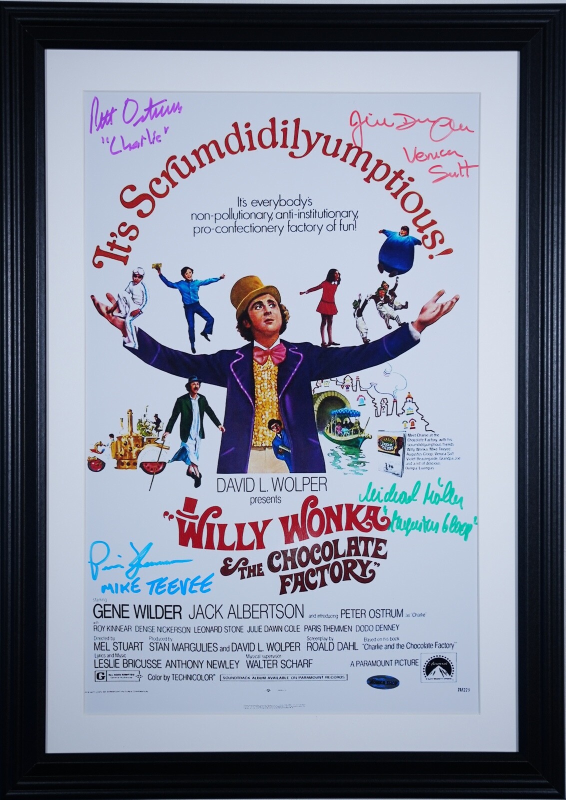 WILLY WONKA POSTER FRAMED,  AUTOGRAPHED SIGNED BY 4, SOLD BY: THE MIKE TV ACTOR