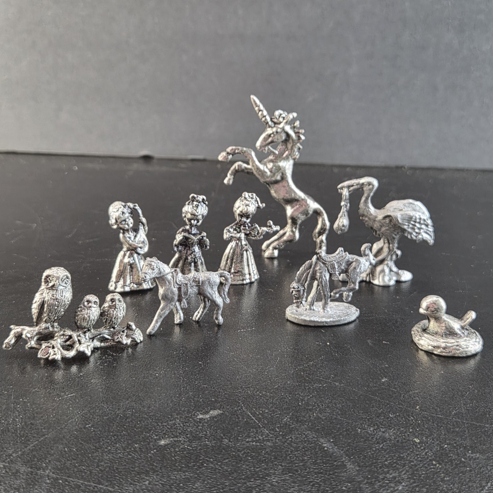 Vintage Pewter Figurines Set Of 9 Horses Unicorn Owl Bird Stork Girls Vintage Pewter Figurines Set Of 9 Horses Unicorn Owl Bird Stork Girls