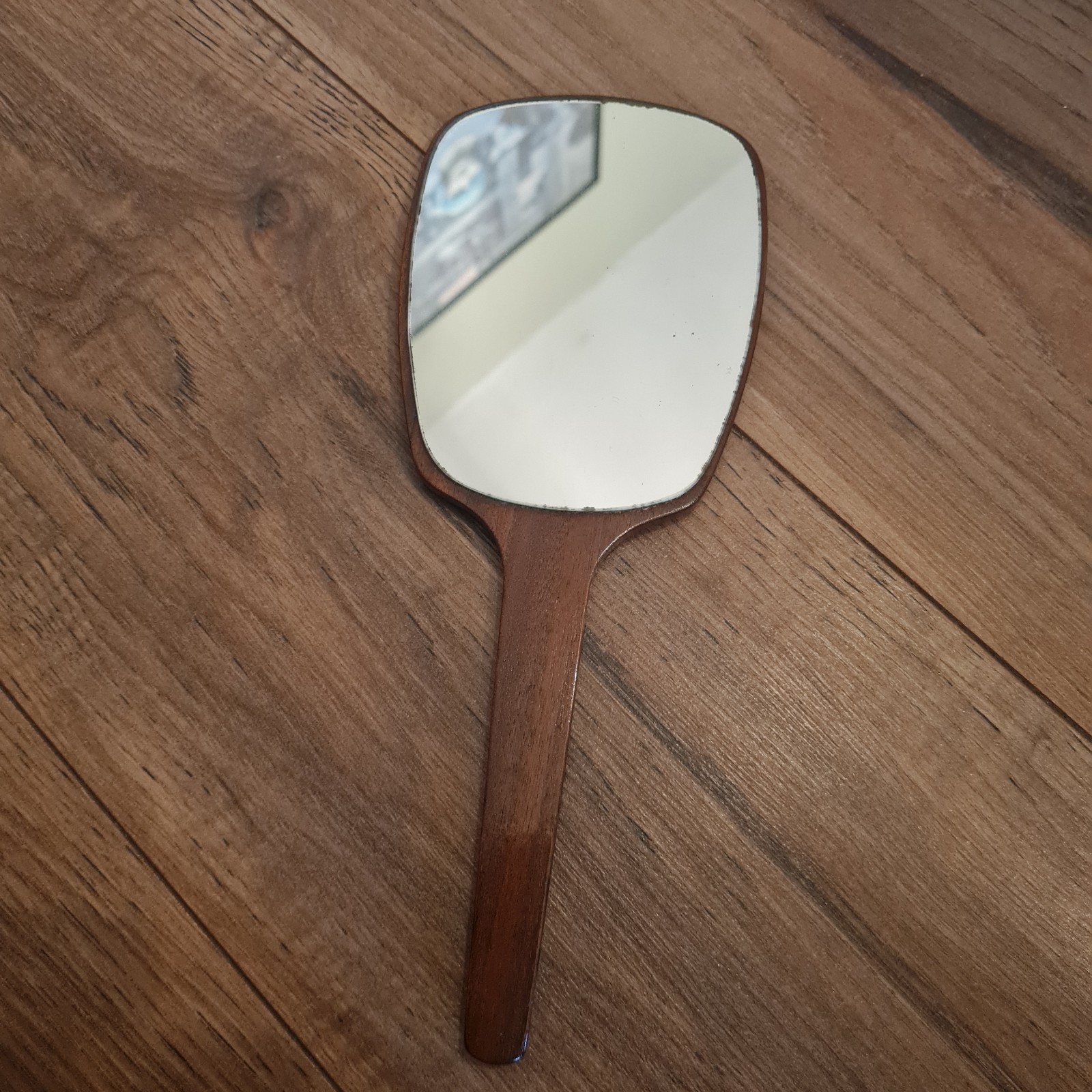Vintage Mid-Century Teak Handheld Vanity Mirror 