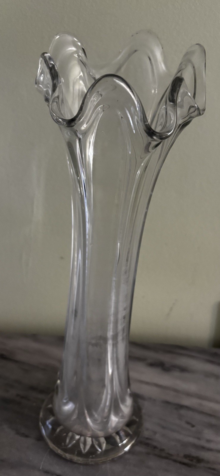 Vintage Clear Stretch Swung Art Glass Draped Base Vase 11.5”