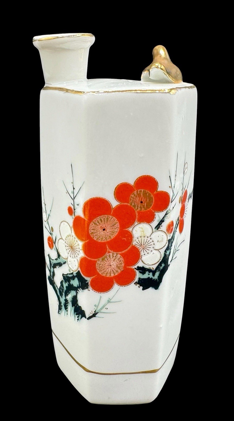 Vintage Japan Whistling Sake Decanter White Porcelain Gold Bird Red Floral 6”