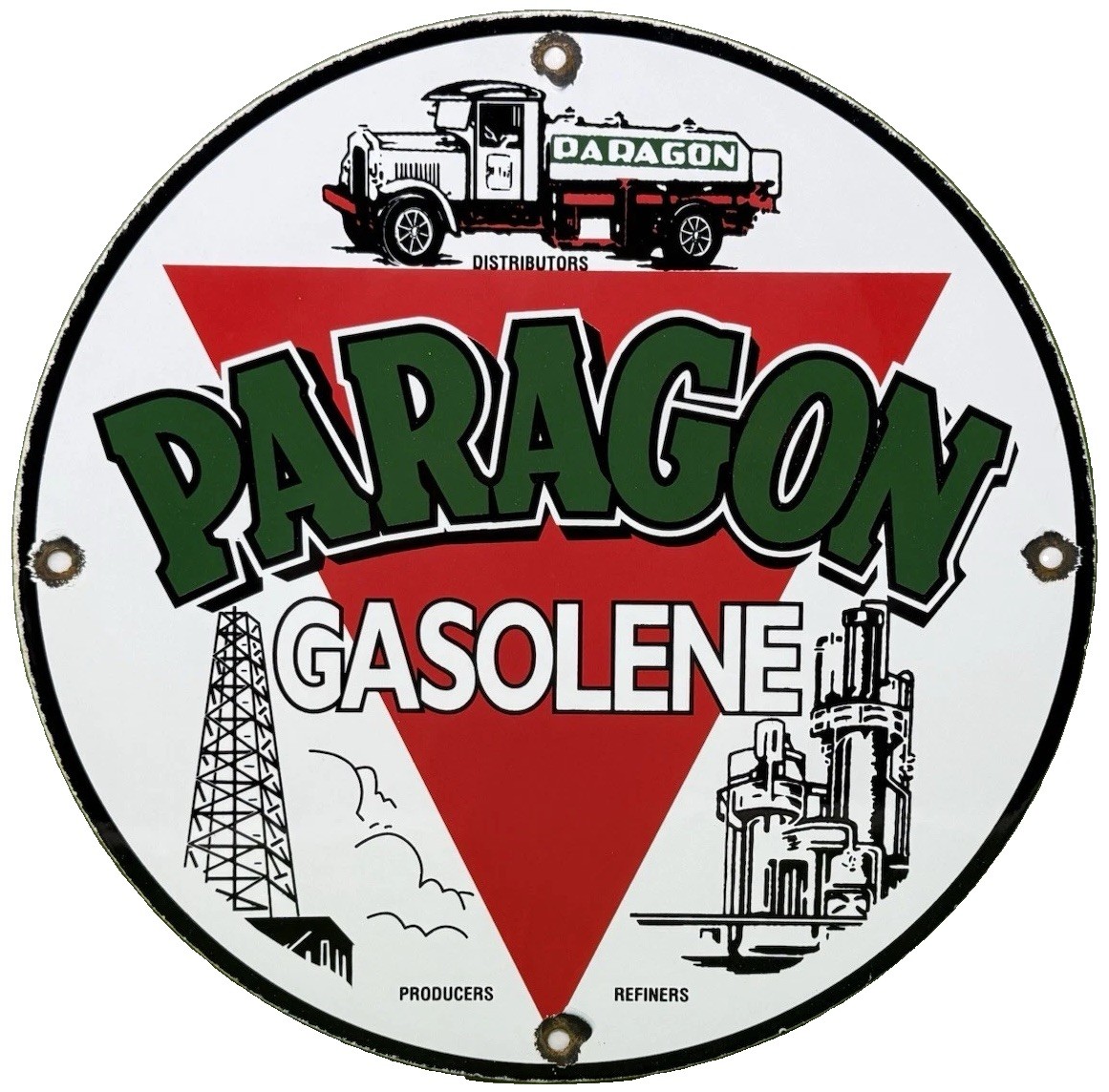 VINTAGE PARAGON GASOLENE PORCELAIN SIGN GAS STATION TANK TRUCK REFINERY DERRICK
