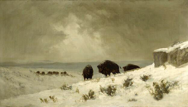 Oil painting Frederick Ferdinand Schafer Winter on the Plains animal landscape