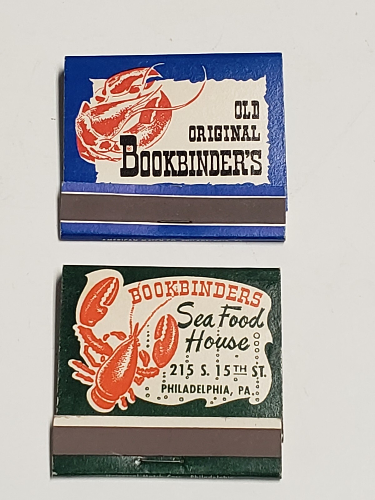 Vtg 2 1960s Matchbooks - BOOKBINDER'S Seafood Restaurant, Philadelphia, PA - NEW