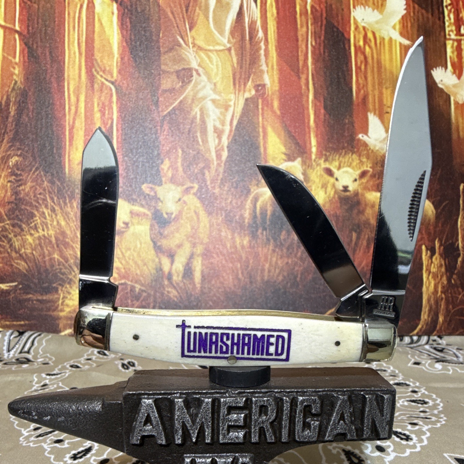Custom UNASHAMED Romans 1:16 White Bone 3-Blade Rough Ryder SS SPocketknife 