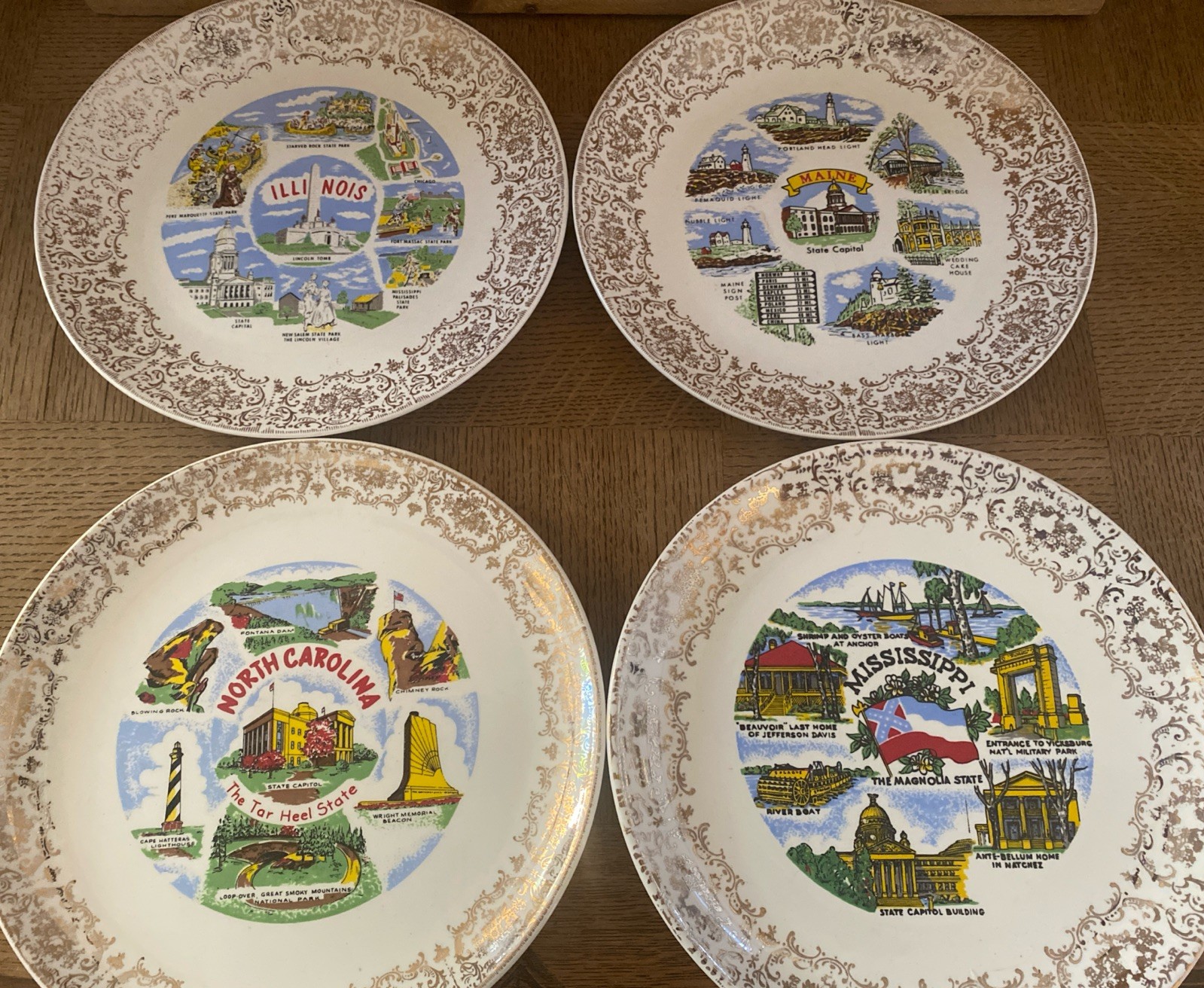 Vtg. 4-Souvenir State Plates Collectible Illinois N. Carolina Maine Mississippi Vtg. 4-Souvenir State Plates Collectible Illinois N. Carolina Maine Mississippi