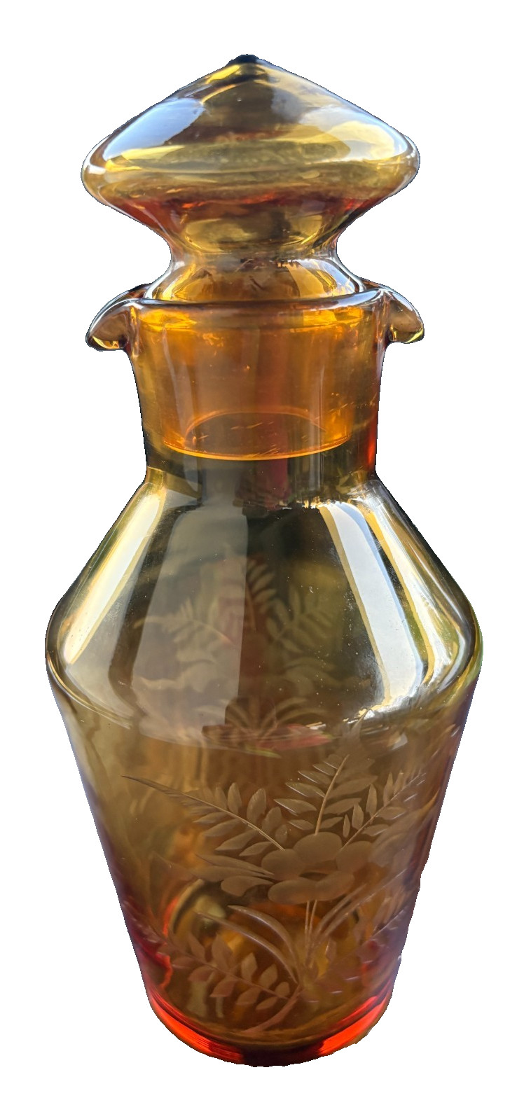 Art Deco Bohemian Amber Glass Cut & Engraved Double Spout Decanter c.1930–1940