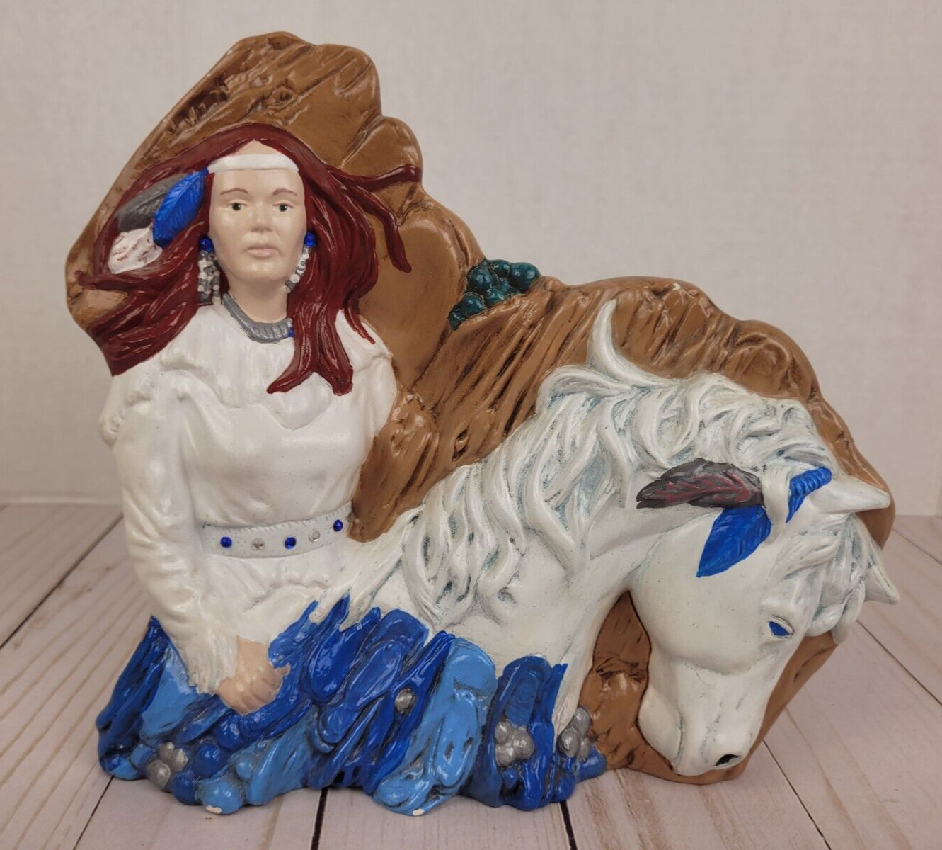VTG Ceramic Figurine Native American Woman White Horse 1997 Signed Hand Painted