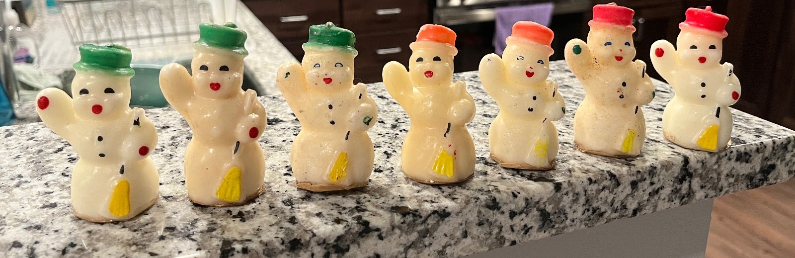 Vtg Gurley 7 SNOWMAN Red/Green Hats Yellow Brooms CANDLES 1.75\