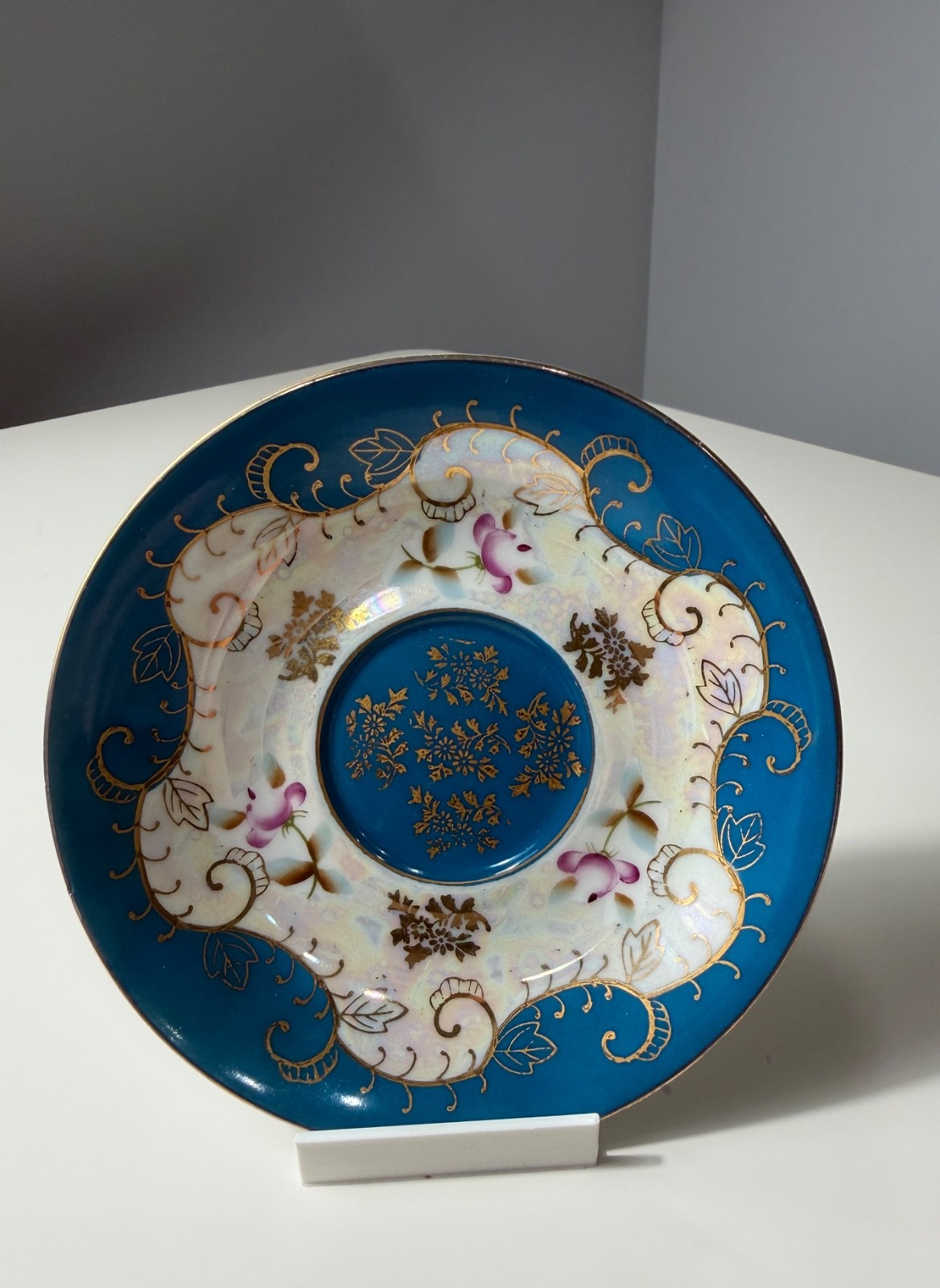 Vintage Royal Sealy China Japan Blue Lusterware Floral Gold Trim Plate