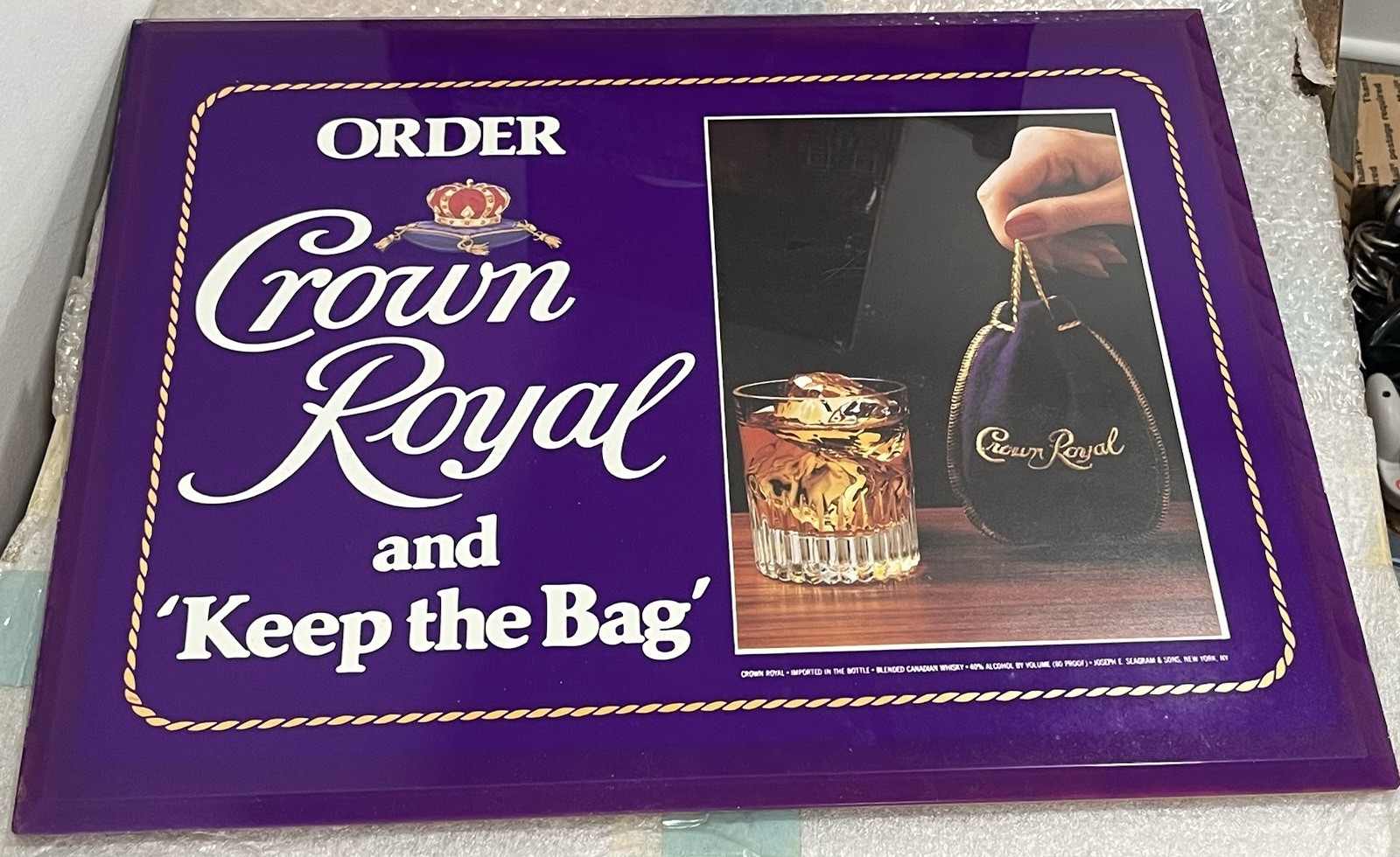 RARE Vintage Crown Royal Whiskey Keep The Bag Advertising Mirror Sign 16x20