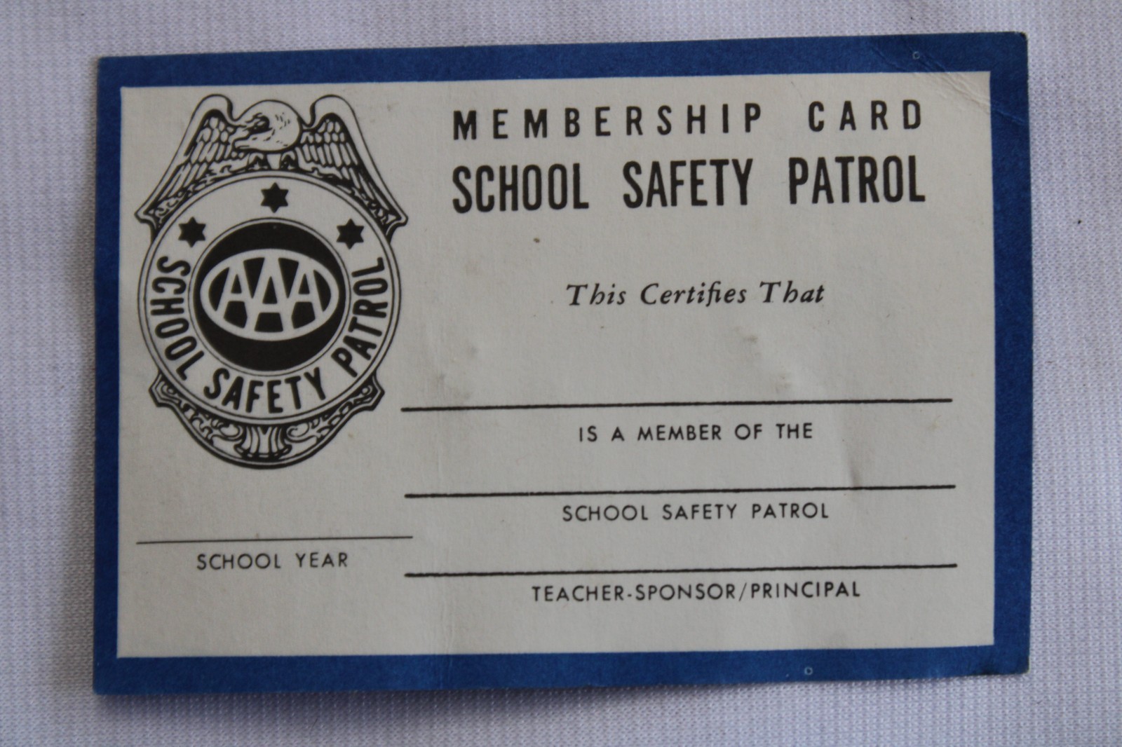 VINTAGE 1960\'s UN-ISSUED AAA SCHOOL SAFETY PATROL MEMBERSHIP CARD