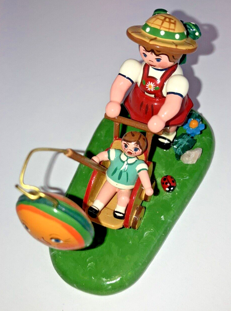 Hubrig Erzgebirge Figure Girl w/Stroller Wooden Figure 3-1/2\