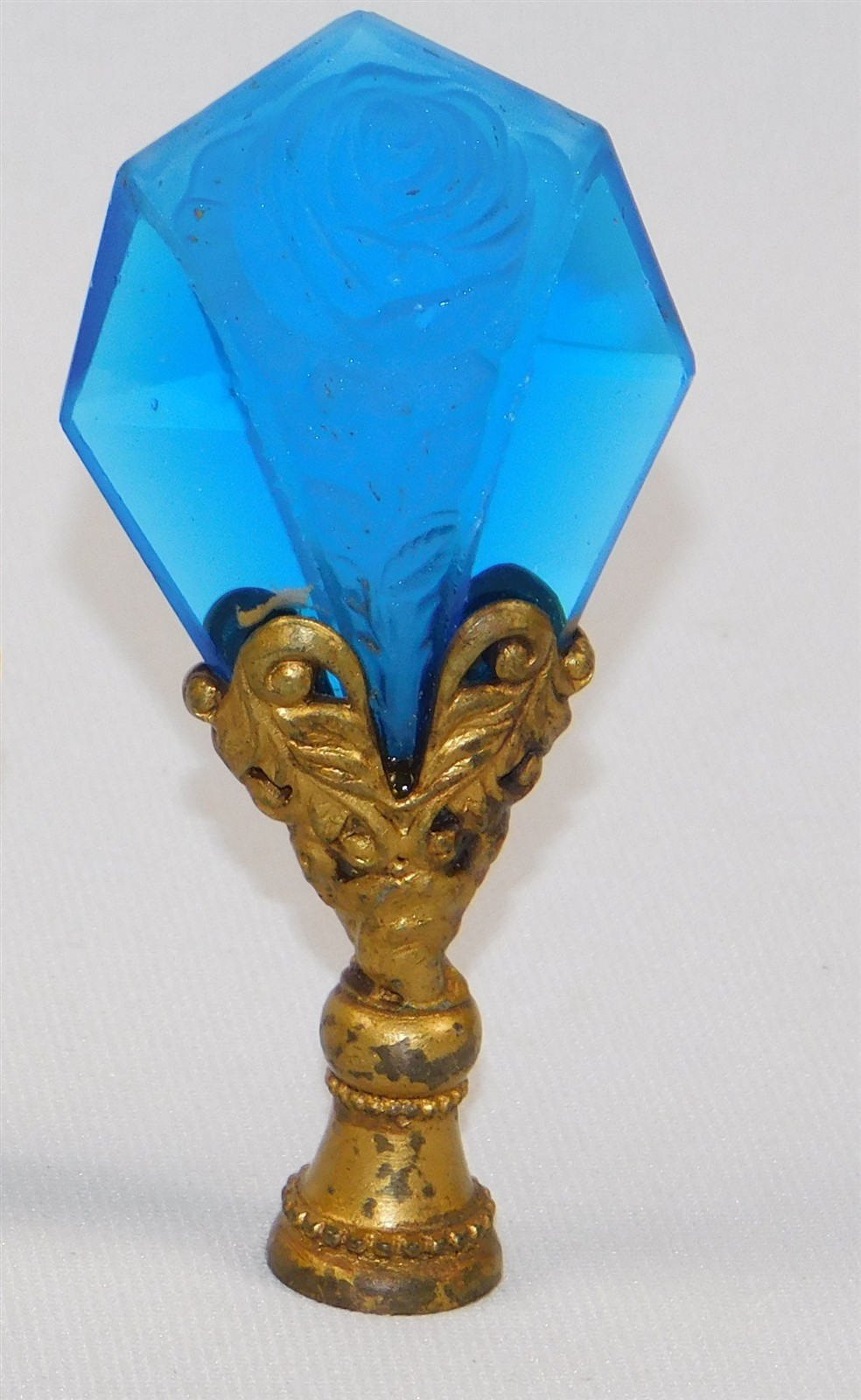 Amazing Blue Czech Glass Rose Rindsberger Gold Ormolu Lamp Finial 4 1/8\