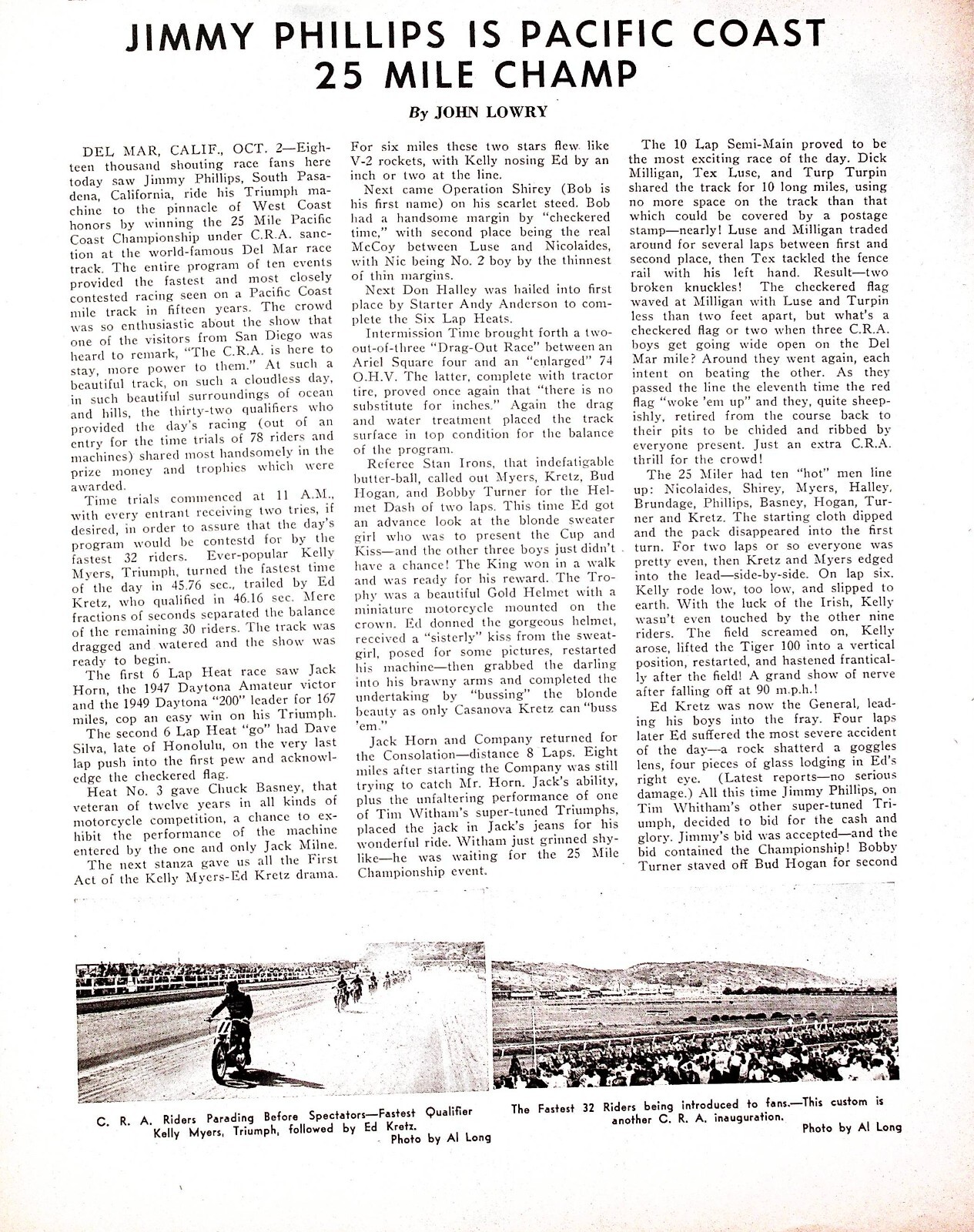 1949 Jimmy Phillips Motorcycle Racer - 2-Page Vintage Article