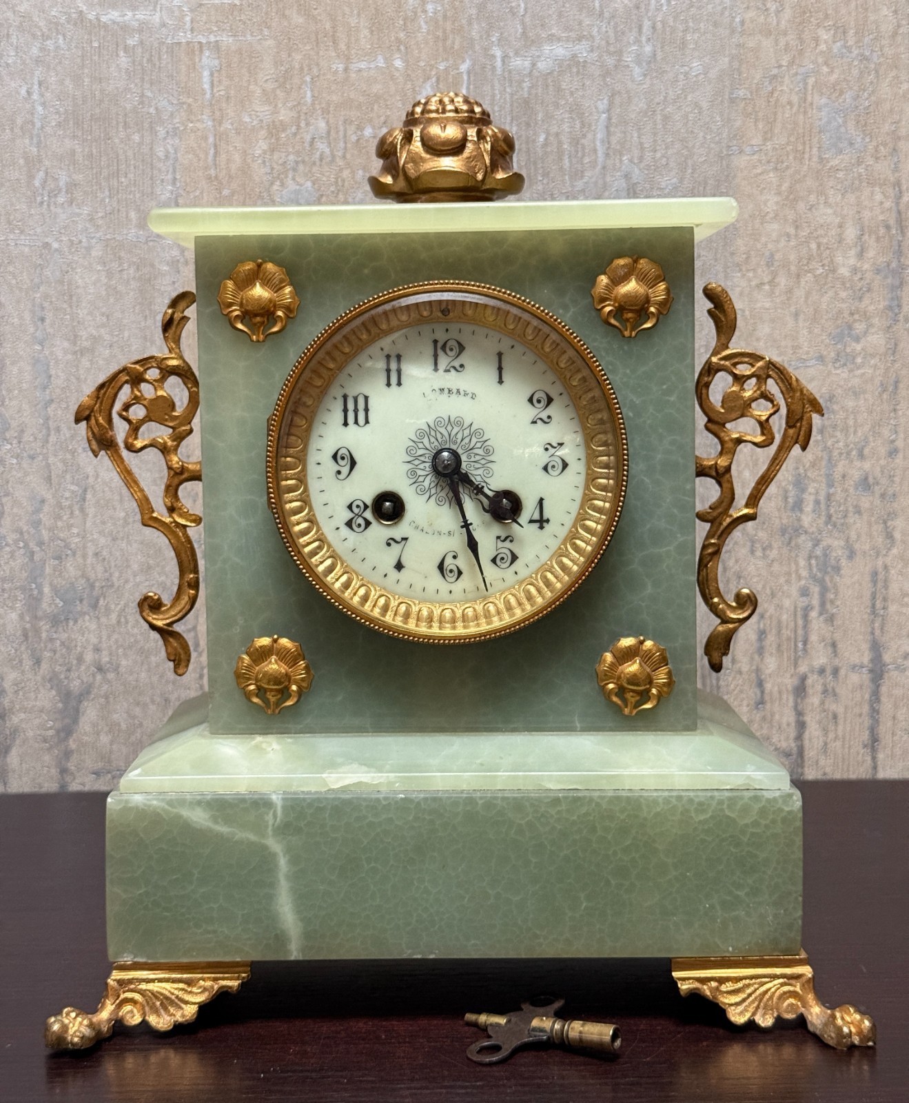 Antique French Onyx Mantel Clock Gilt Bronze Ormolu Lombard Chalon-Sur-Saône