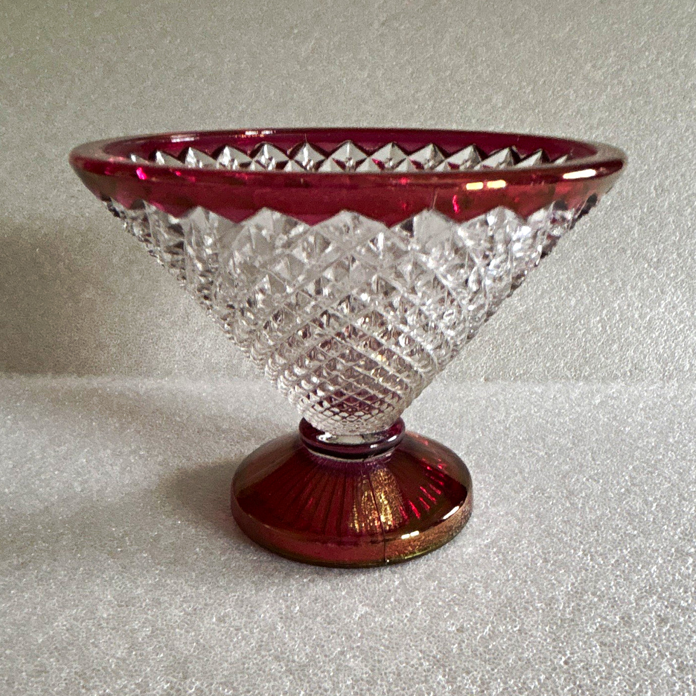 Westmoreland Clear Glass Diamond PointCut Red Trim Candy Dish 5in Round