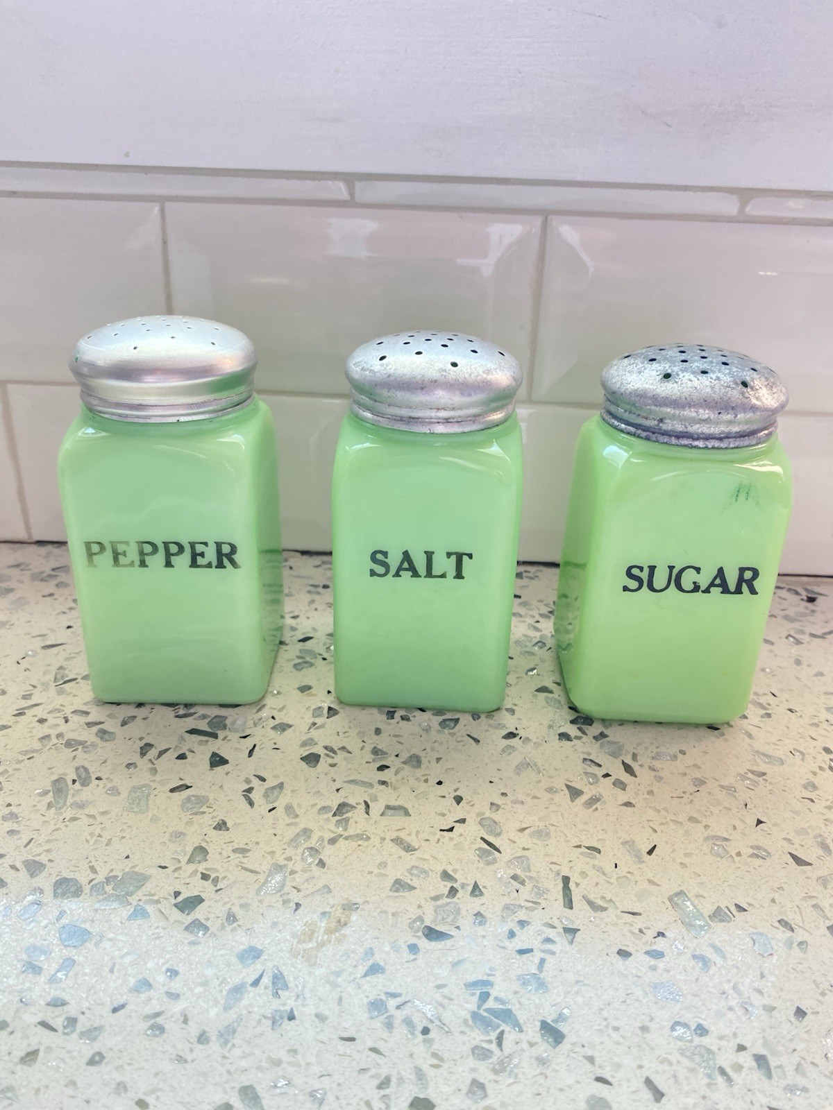 VTG Jadeite 2 McKee 1 Unsigned Salt,Pepper,& Sugar shaker Set Of 3