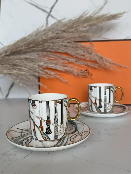 Hermes Cheval d'Orient Coffee Cup & Saucer Porcelain Gold Trim France Luxury