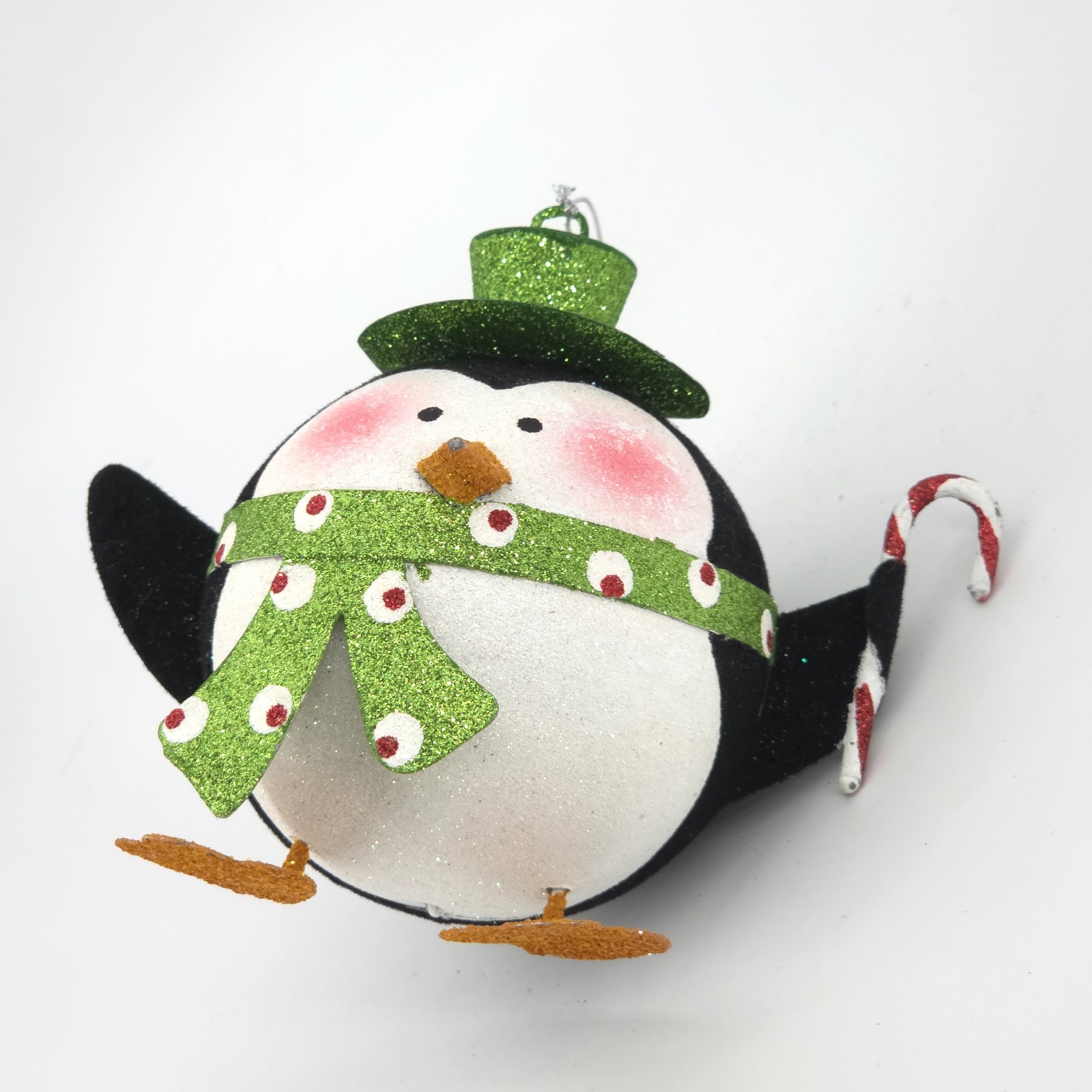 Pier 1 Imports Penguin Christmas Ornament Green Top Hat Scarf Candy Cane Glitter