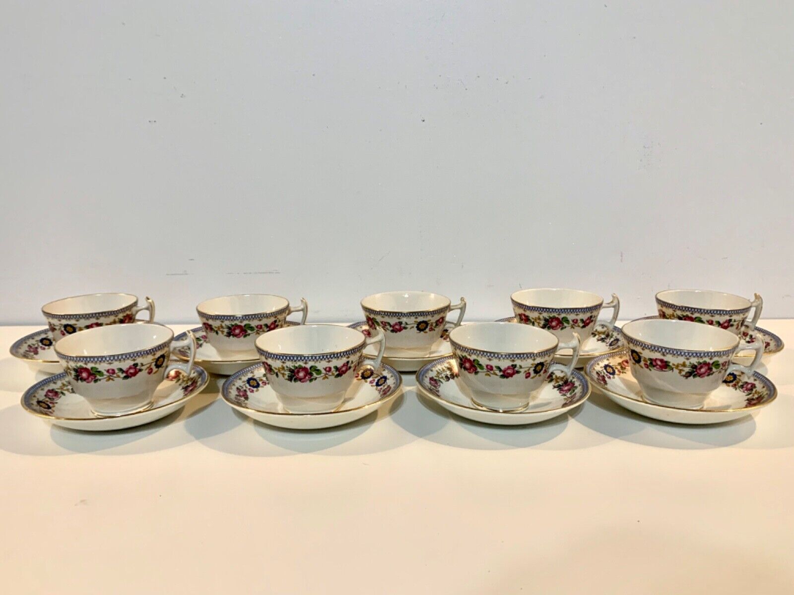 Ant Booths Staffordshire Porcelain Set of 9 Cups & Saucers w/ Rose Floral Dec.