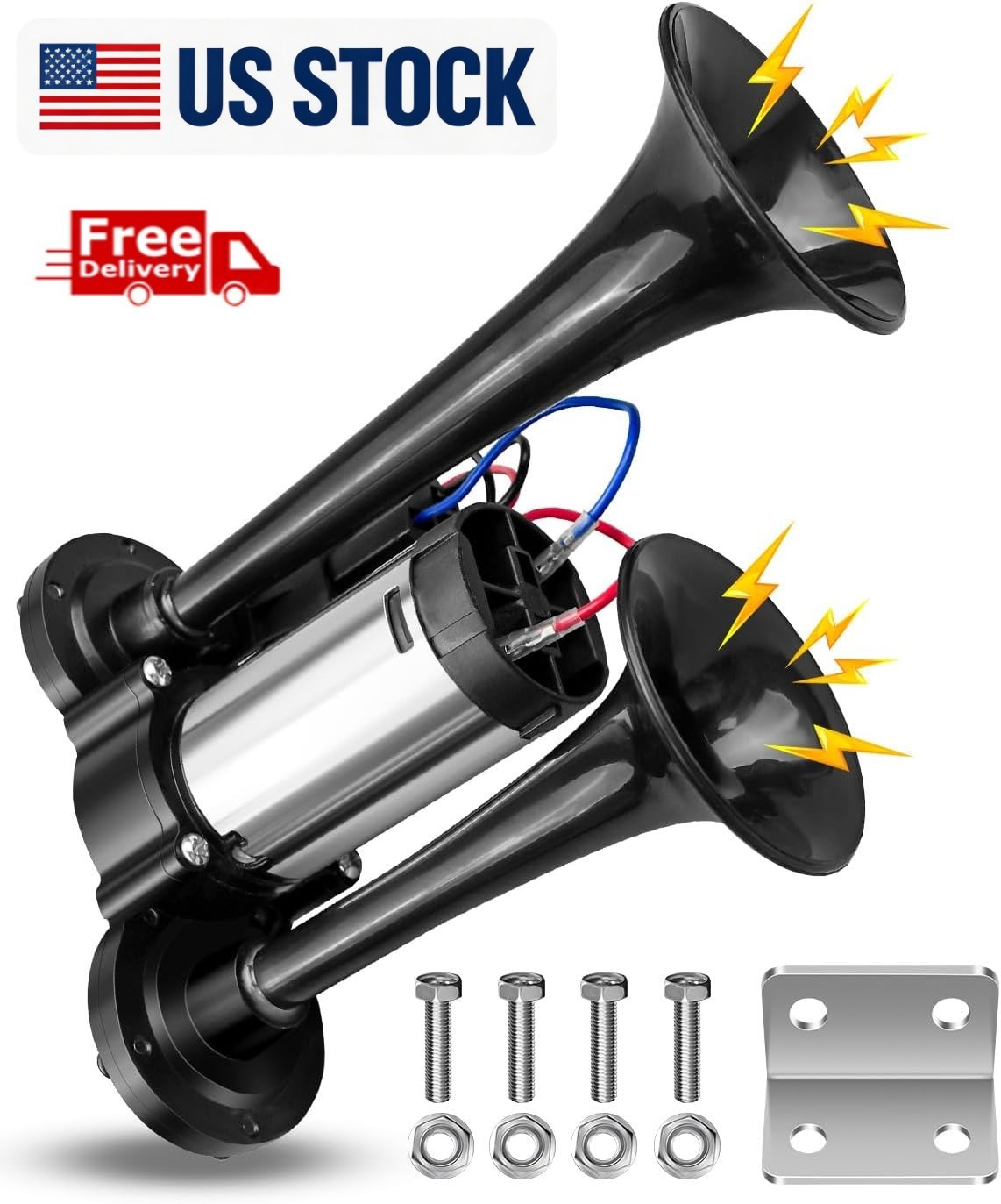 600DB Train Horn Super Loud 3 Trumpet Air Horn Kit For Semi Truck Boat Van Car