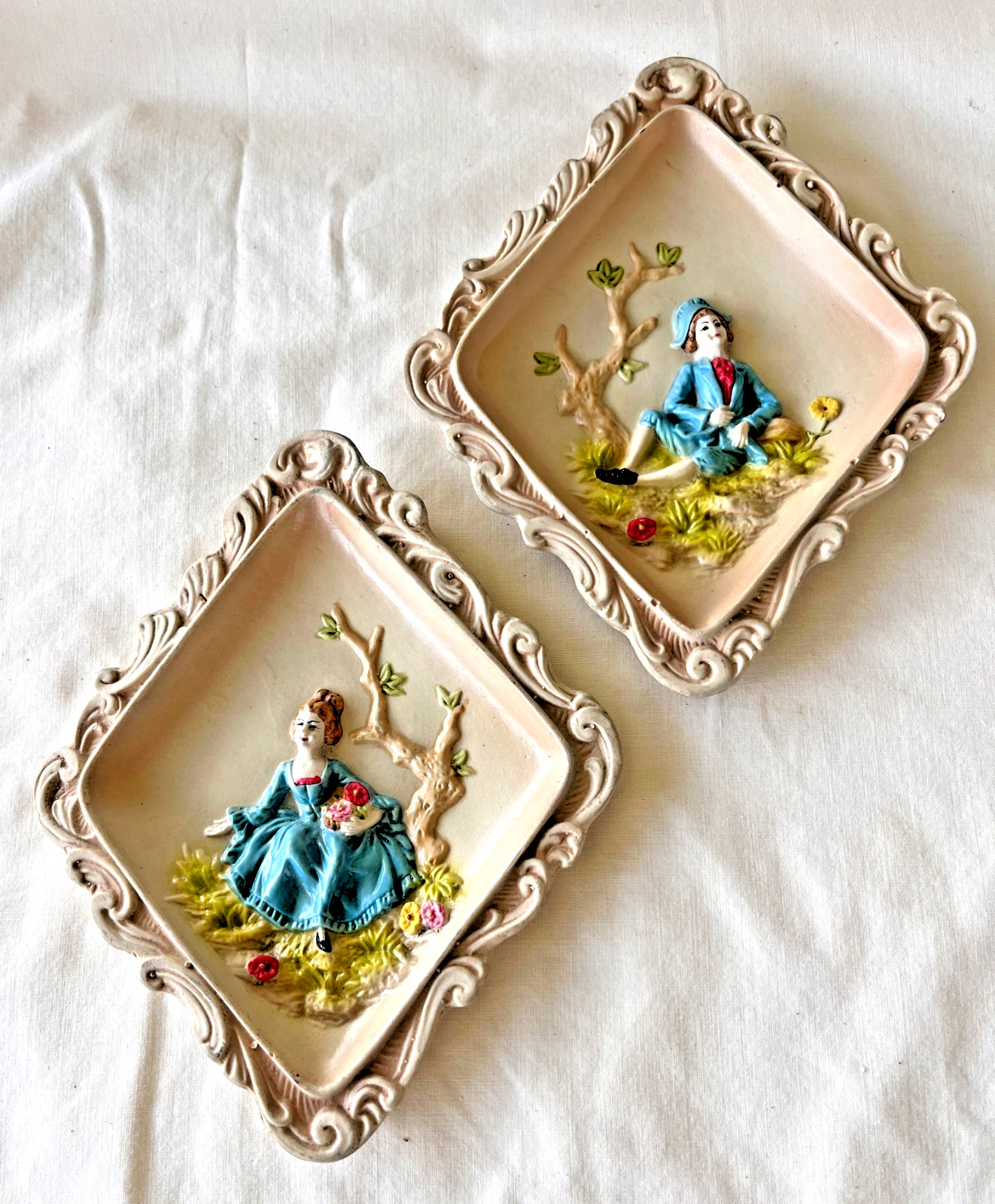 Chalkware 3D Wall Decor Plaque Set Victorian Man Woman in Blue Vintage