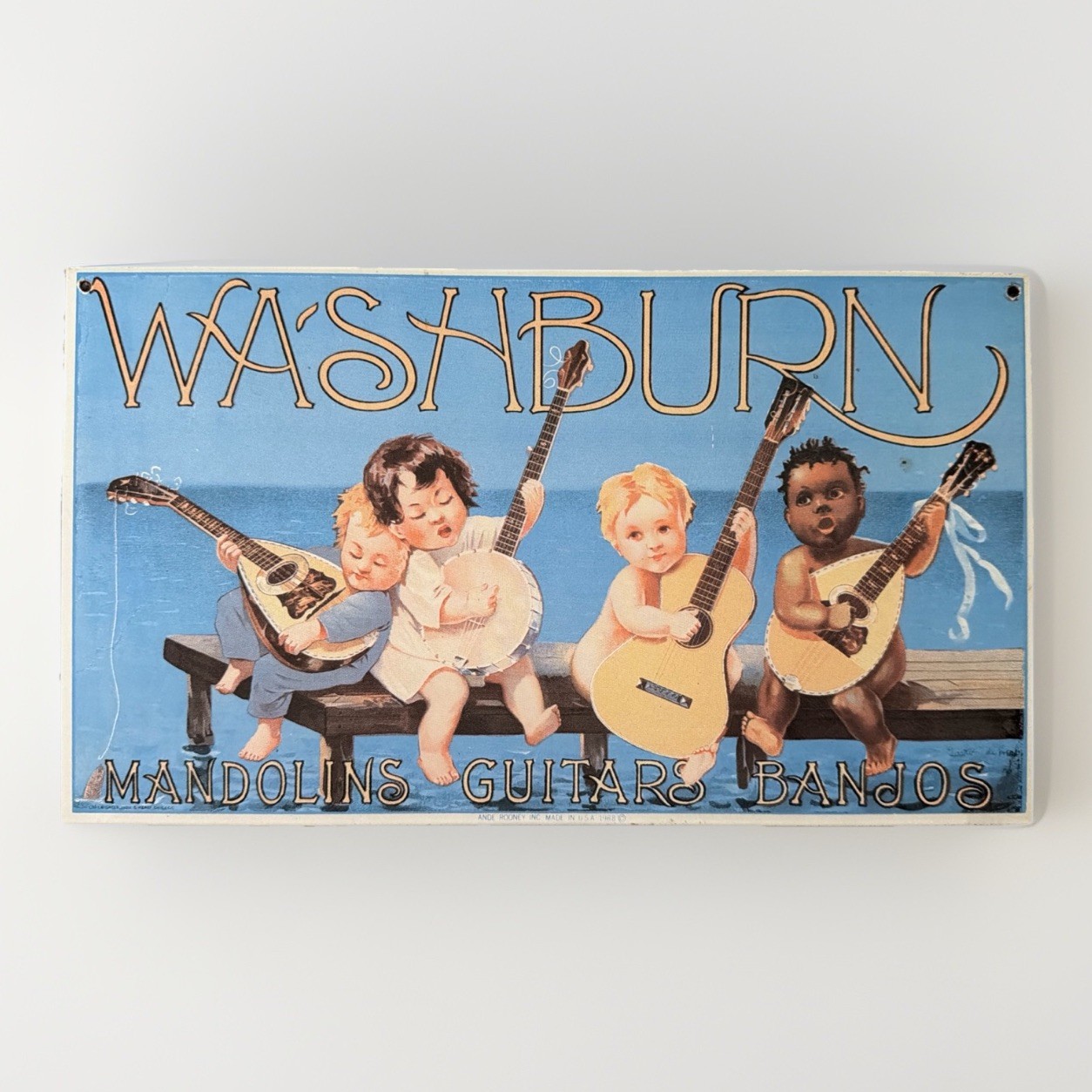 Vintage Washburn Mandolins Guitars Banjos Ande Rooney 1988 Metal Porcelain Sign Vintage Washburn Mandolins Guitars Banjos Ande Rooney 1988 Metal Porcelain Sign