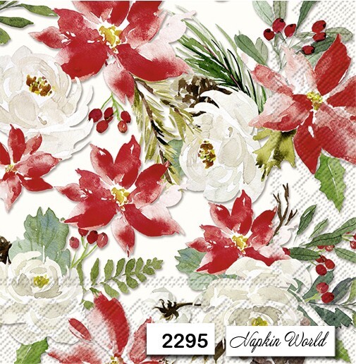 (2295) TWO Individ. Paper LUNCHEON Decoupage Napkins POINSETTIA ROSES CHRISTMAS