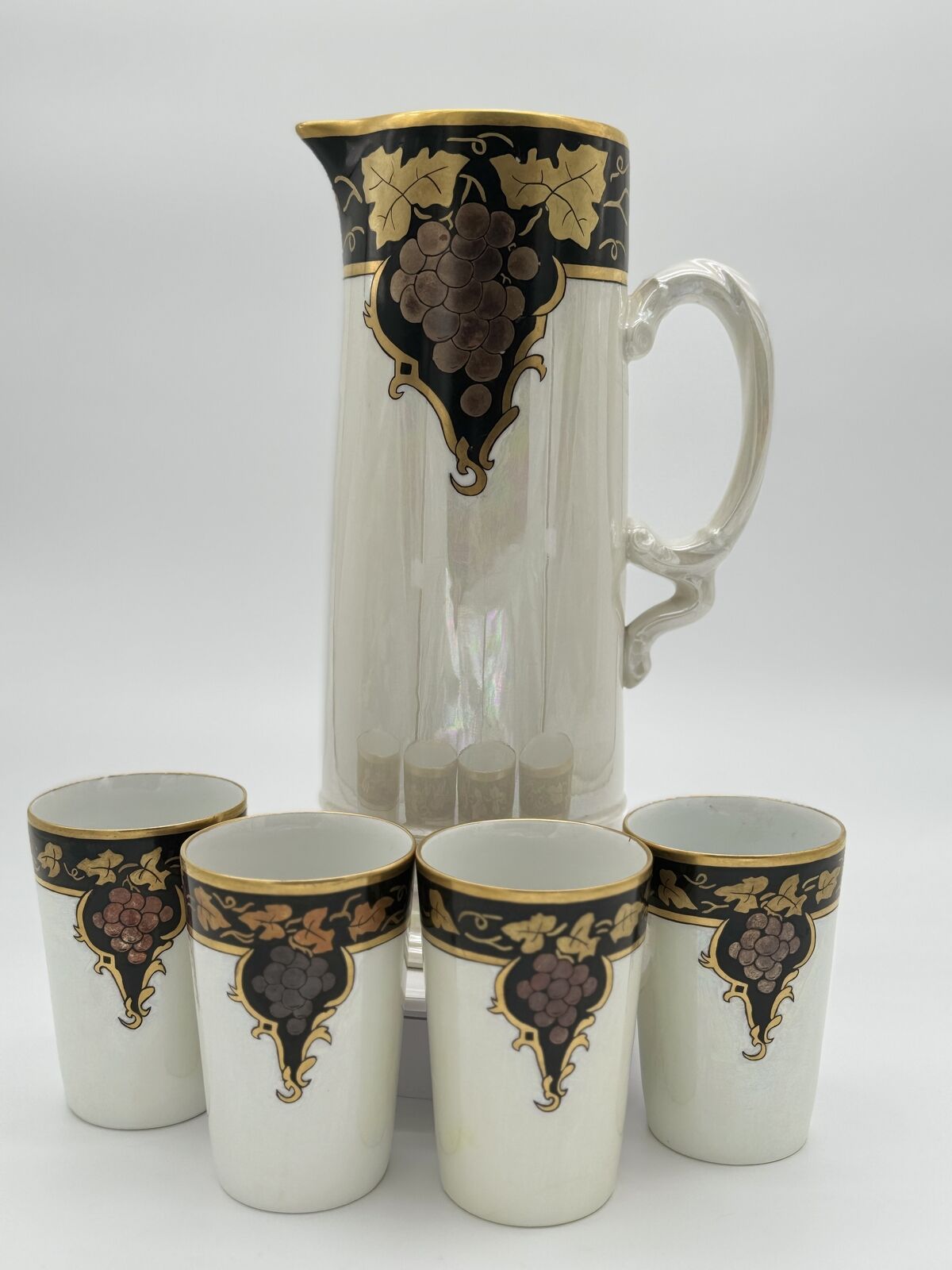 J.P. Limoges France Hand-Painted Pitcher & Four Cups Set, Signed, Dated 1920