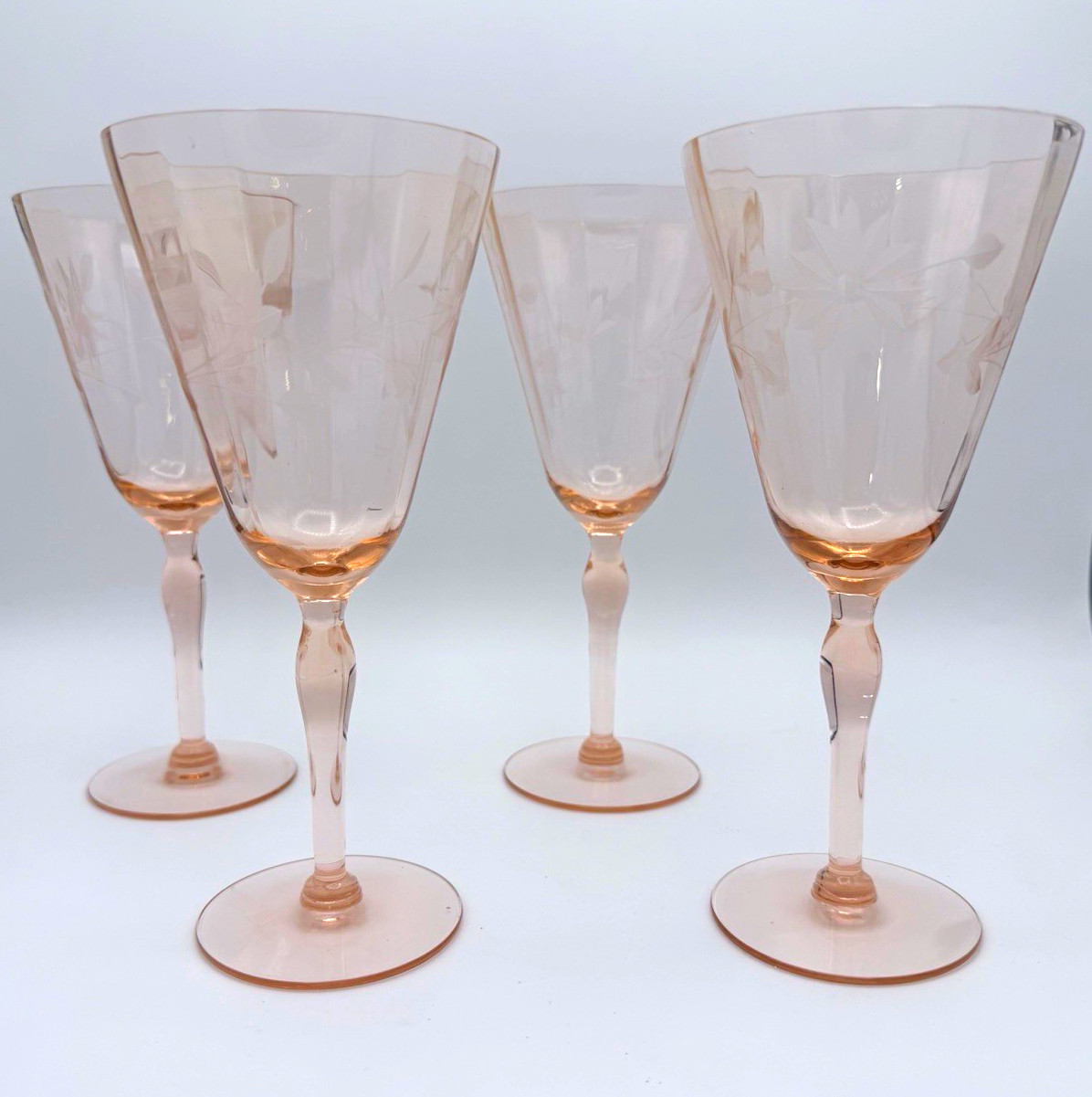 Set of 4 Lancaster Jubilee Pink Etched Floral Stemmed Wine Glasses