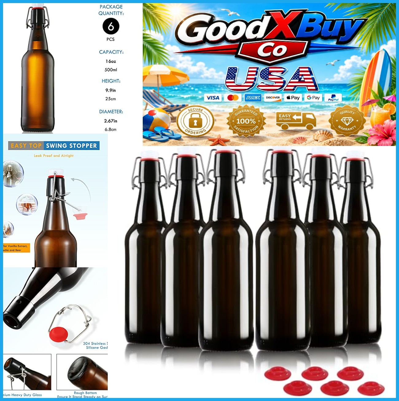 16 oz Amber Swing Top Glass Bottles 6 Pack Airtight Flip Caps Beer Kombucha Mead