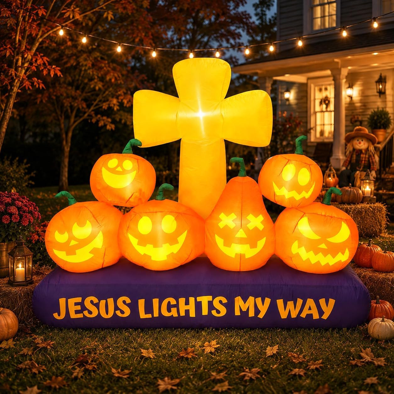 5.4×6.4FT Halloween Inflatable Cross with Pumpkins LED Christian Decoration
