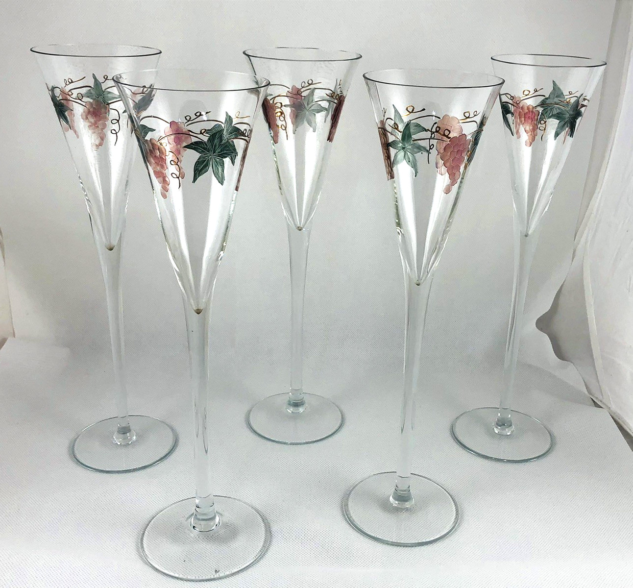 5 Rosenberg Romanian Crystal Champagne Flutes Etched Grapes & Vines 11.5 Inches