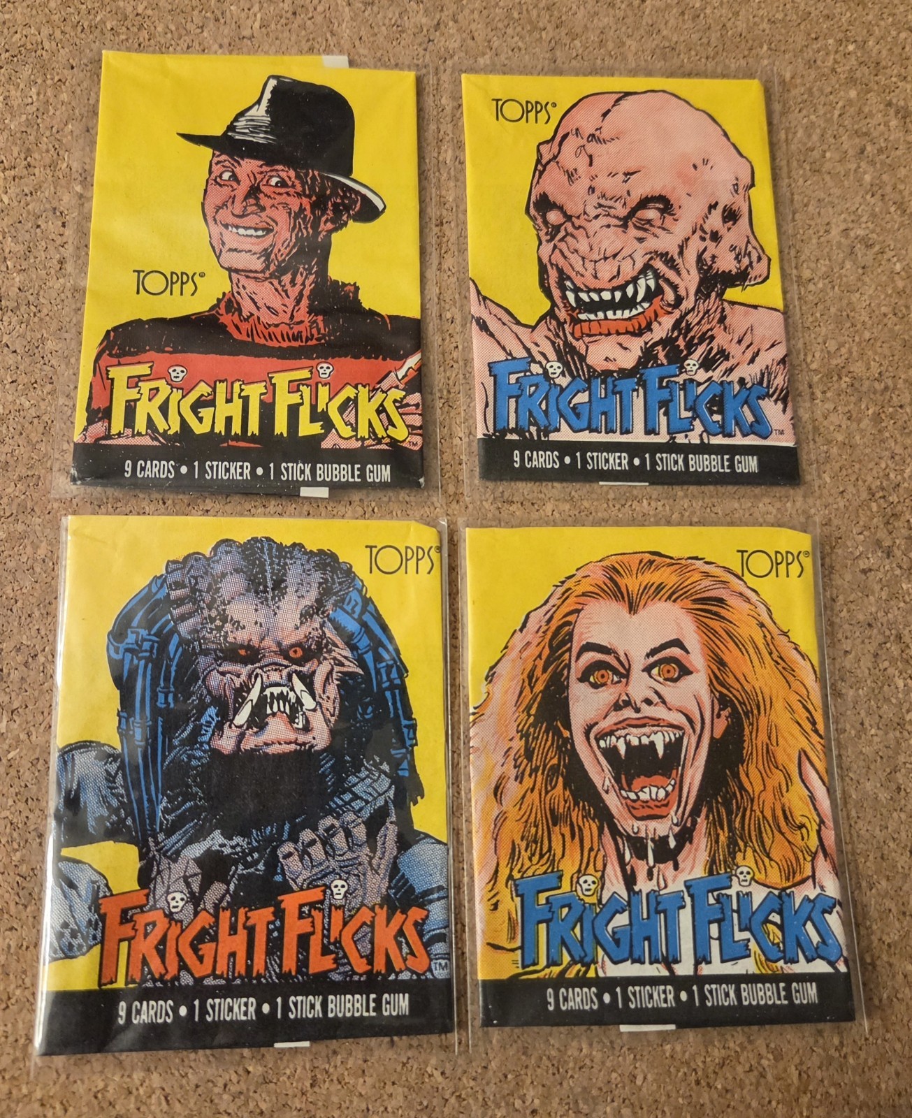 1988 Topps Fright Flicks Complete 4 Wax Wrapper Set Freddy Predator Horror EX