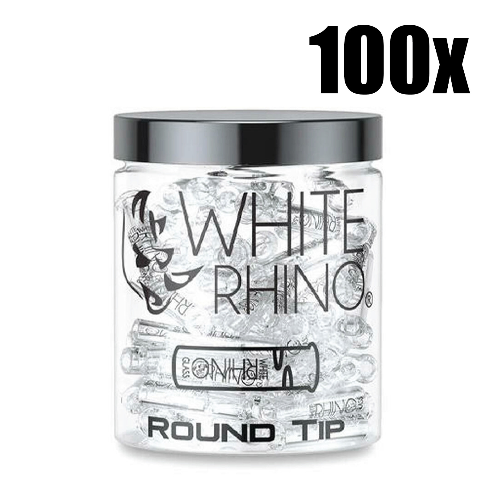Full Jar 100x Tips White Rhino Smoking Round Glass Rolling Tips Regular Size 9MM