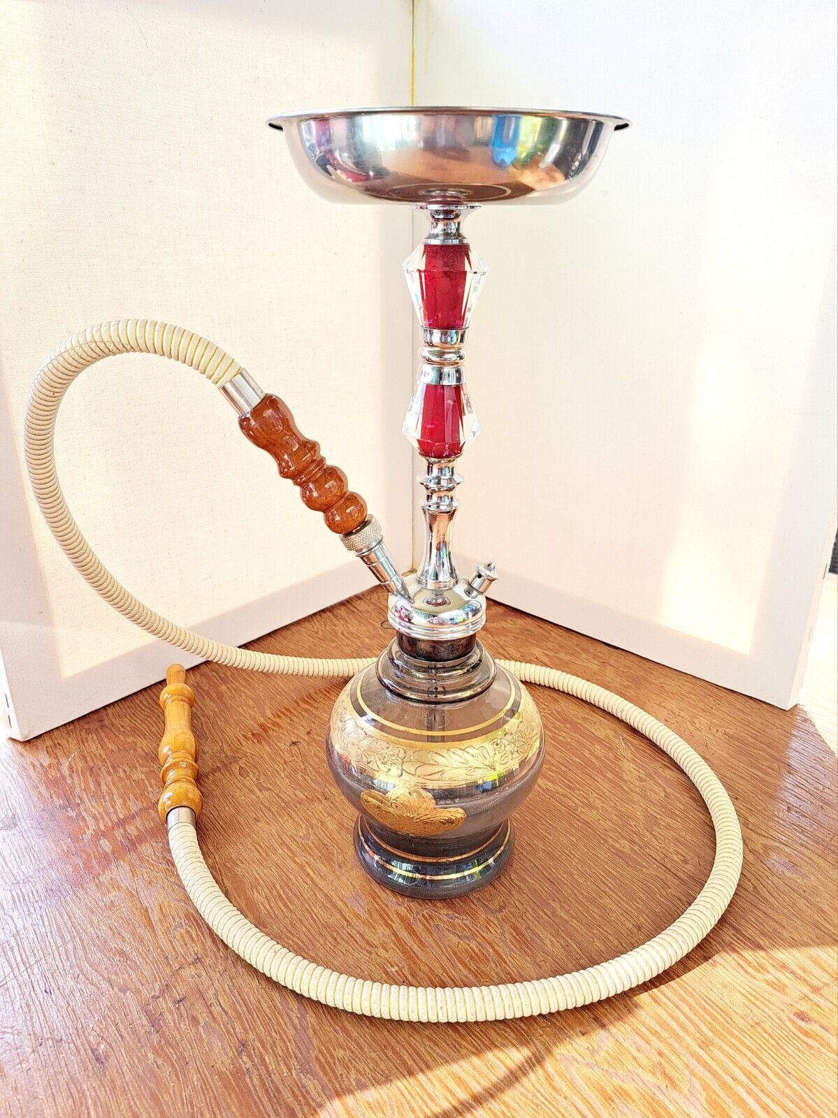 Vtg Egyptian Handcrafted Glass Gold Etched Accented Red Stainless Steel Hookah 